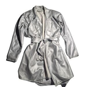 Vtg 1990s BB Dakota Silver Metallic Faux Leather Tie Waist Trench Coat Sz S